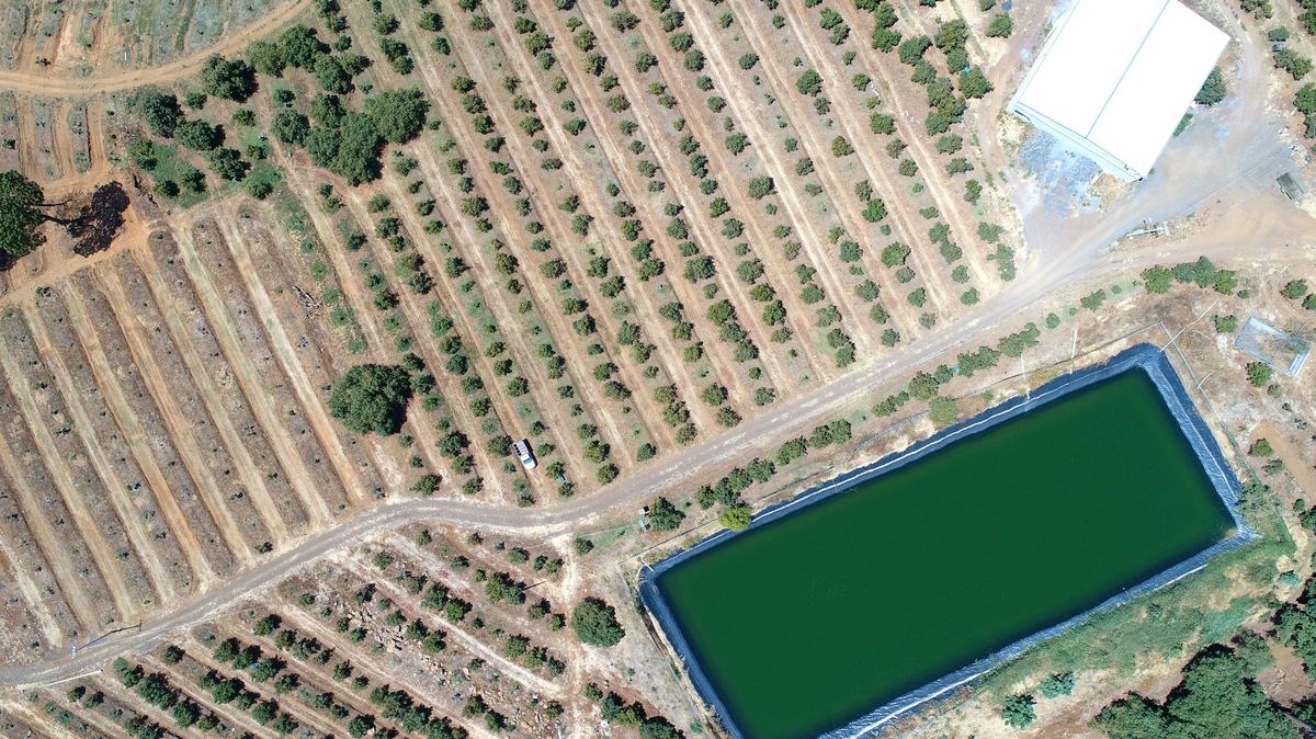 Bodega y olla de agua en huerta, vista aérea